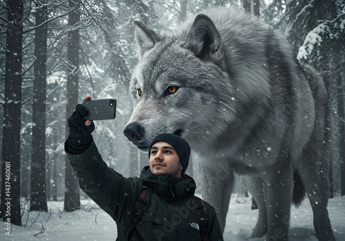 An Influencer taking a Selfie with a Majestic Dire Wolf in a Snowy Forest