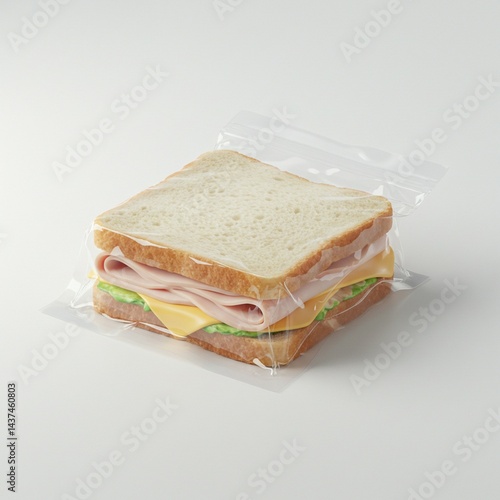 A delicious ham and cheese sandwich in a clear plastic bag.