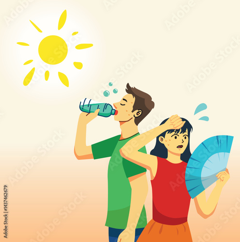 Man and woman suffering from heat wave and dehydration from strong sunlight. Man drinking water. Woman with folding fan blow. She got sweaty. Hot climate in summer. 
