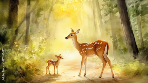 Vector illustration, watercolor painting of mother deer and her baby in the wild