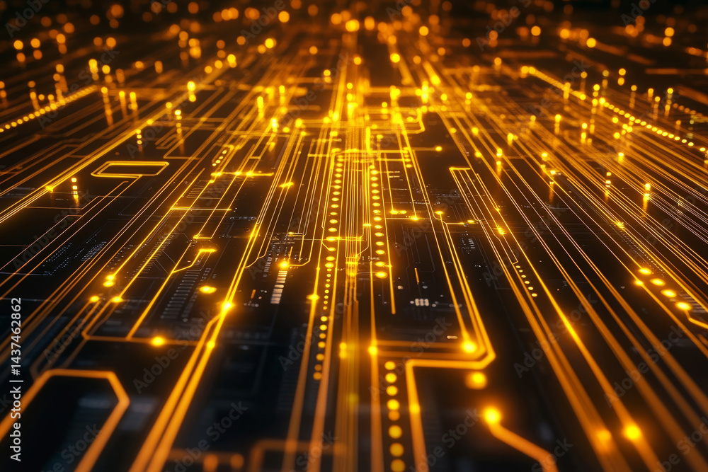 Fototapeta premium Golden Futuristic Circuit Lines Flowing Through a Digital Landscape