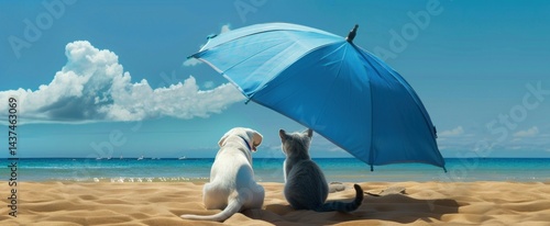 A white dog and a gray cat enjoy a sunny day under a blue beach umbrella.Pets Beach Day