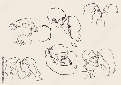 collection of linearts about love with couples kissing
