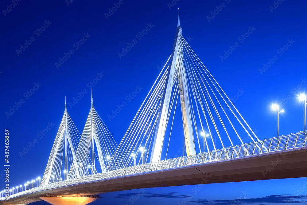 Obraz premium modern illuminated cable-stayed bridge at twilight with dramatic sky, symbolizing connection, innovation, and architectural beauty