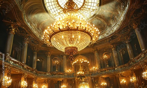 Grand, opulent palace ballroom with ornate chandelier.