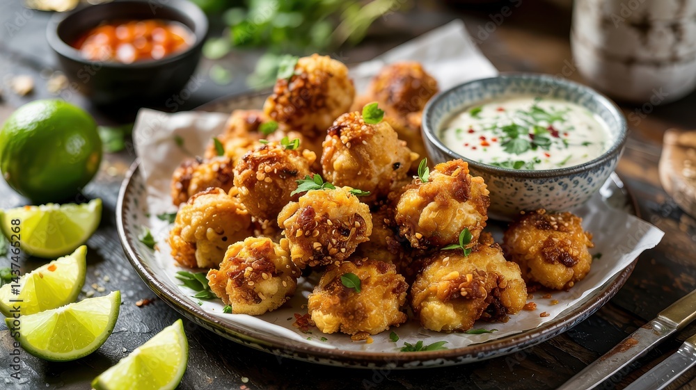 Fototapeta premium Crunchy golden chicken bites on ceramic plate with herbs and dip