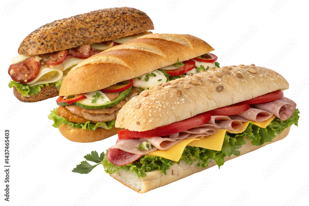 A delicious ham and cheese sandwich with fresh lettuce and tomato, a healthy meal isolated on white bread A delicious ham and cheese sandwich with fresh lettuce and tomato, a healthy meal isolated on white bread