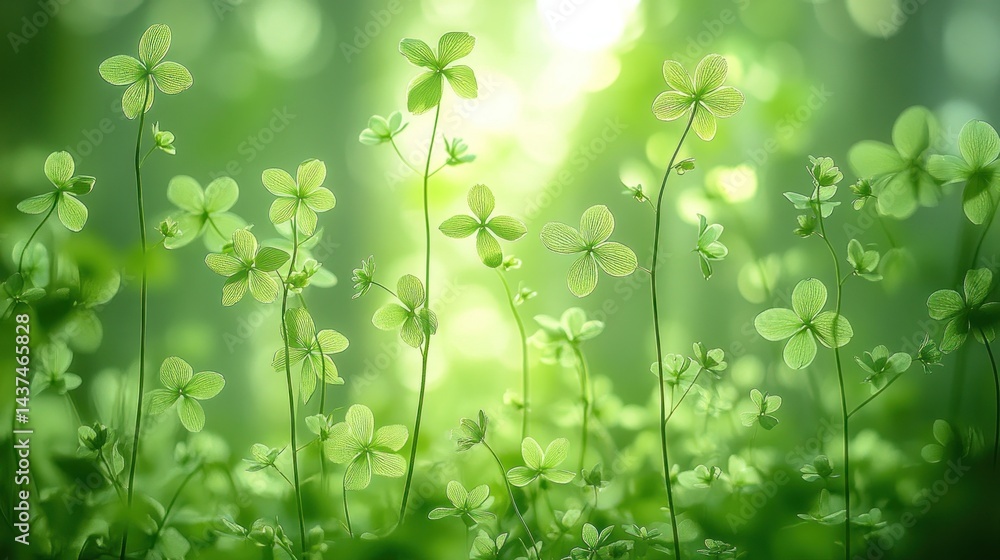Sunlit green wildflowers in a forest. Sunlit green wildflowers in a forest.