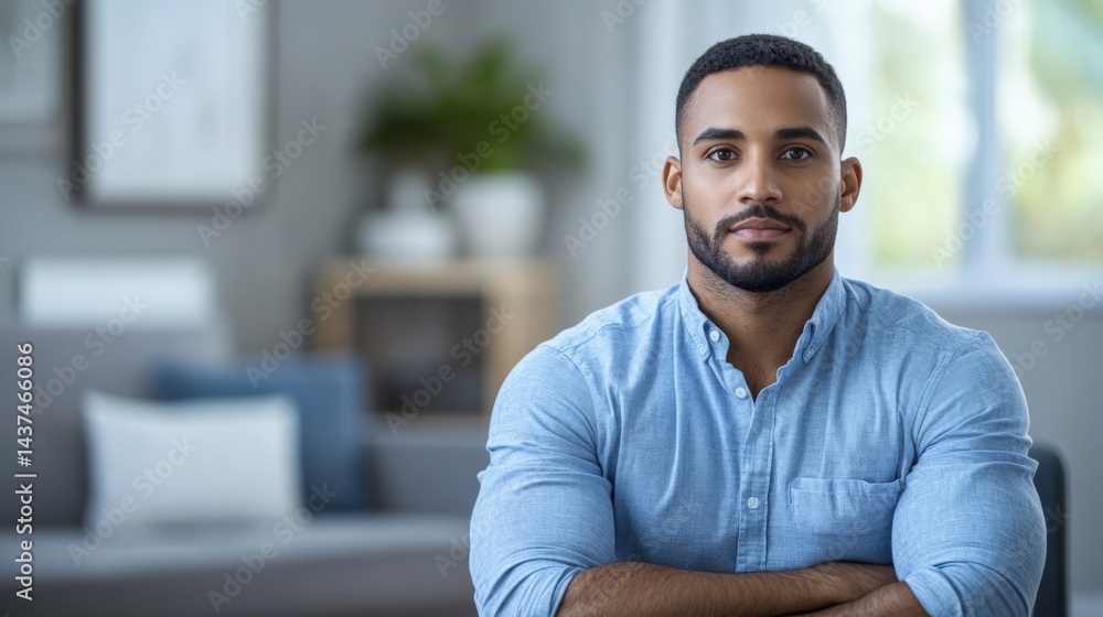Obraz premium Confident Young Man in Blue Shirt Posing Indoors in Modern Living Room
