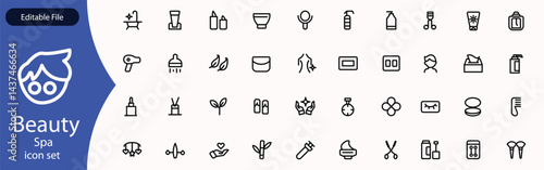 Beauty and Spa set of web icons in line style. Cosmetics services & Spa icons for web and mobile app. Spa treatments, skin care, massage, hyaluronic acid, serum, anti ageing, pore tighten, cosmetology