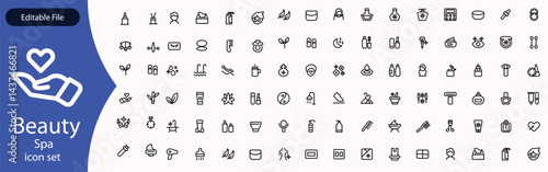 Beauty and Spa set of web icons in line style. Cosmetics services & Spa icons for web and mobile app. Spa treatments, skin care, massage, hyaluronic acid, serum, anti ageing, pore tighten, cosmetology