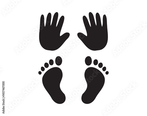 Baby foot prints and hand prints. Small cute black silhouettes. 