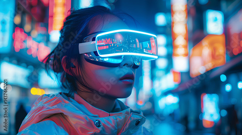 Wallpaper Mural Futuristic person wearing smart glasses with neon city lights reflection Torontodigital.ca