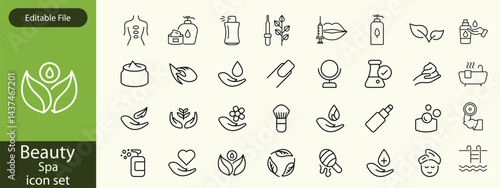 Beauty and Spa set of web icons in line style. Cosmetics services & Spa icons for web and mobile app. Spa treatments, skin care, massage, hyaluronic acid, serum, anti ageing, pore tighten, cosmetology