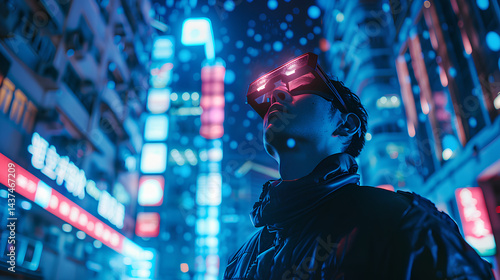 Wallpaper Mural Futuristic person wearing smart glasses with neon city lights reflection Torontodigital.ca