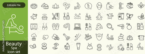 Beauty and Spa set of web icons in line style. Cosmetics services & Spa icons for web and mobile app. Spa treatments, skin care, massage, hyaluronic acid, serum, anti ageing, pore tighten, cosmetology