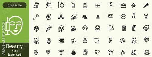 Beauty and Spa set of web icons in line style. Cosmetics services & Spa icons for web and mobile app. Spa treatments, skin care, massage, hyaluronic acid, serum, anti ageing, pore tighten, cosmetology