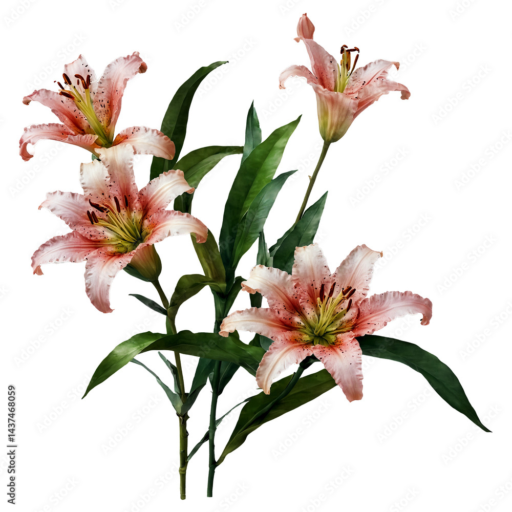 Lily flowers with elegant leaves on transparent background transparent background isolated png stock Lily flowers with elegant leaves on transparent background transparent background isolated png stock
