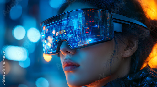 Wallpaper Mural Futuristic person wearing smart glasses with neon city lights reflection Torontodigital.ca