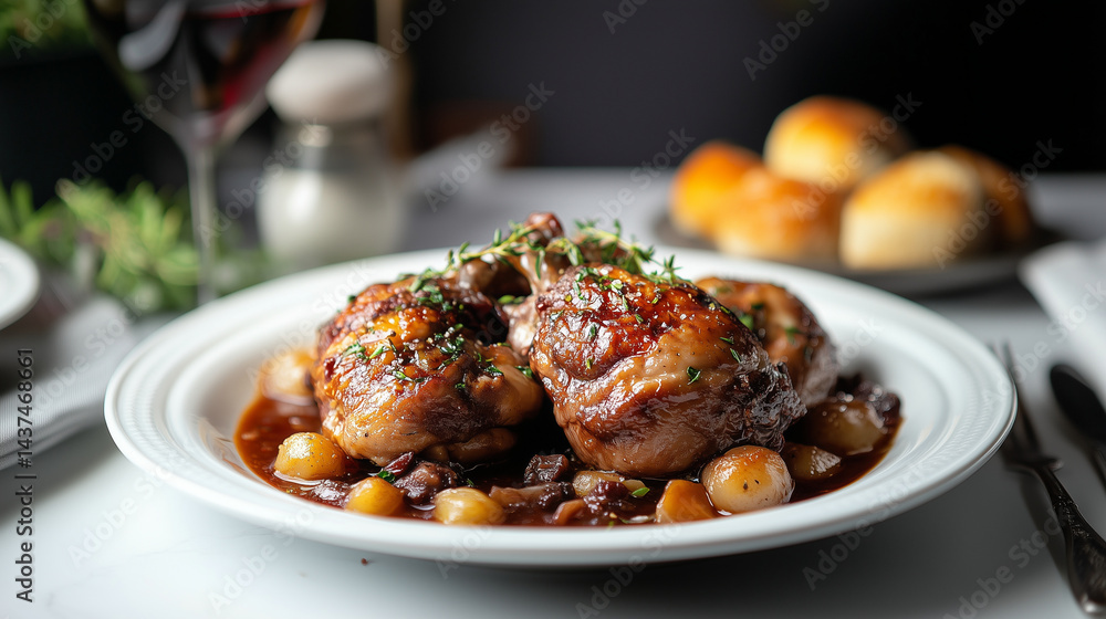chicken and red wine sauce on white table chicken and red wine sauce on white table