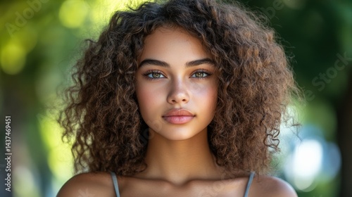 Beautiful Young Woman with Curly Hair and Natural Makeup in Outdoor Setting