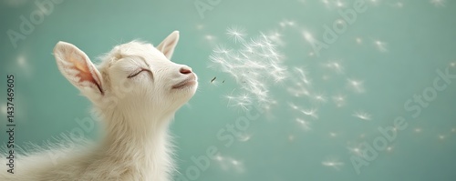 Baby Goat Inhaling Dandelion Seeds Outdoors