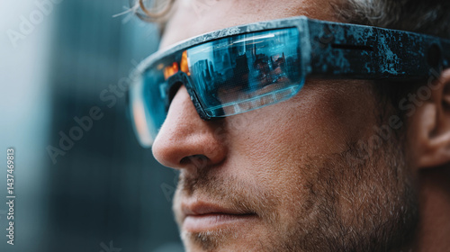 Wallpaper Mural Futuristic person wearing smart glasses with neon city lights reflection Torontodigital.ca