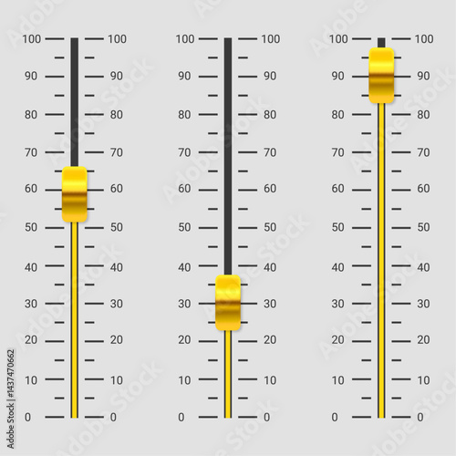 Music mixer volume sliders. Vertical sliders, yellow faders on grey background