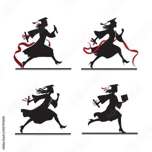 Running Female Graduates Silhouettes with Diplomas