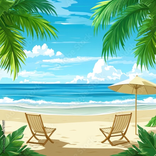 Tropical beach scene with two chairs and an umbrella Lush palms frame the view of the ocean