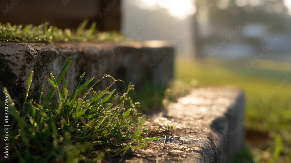 Fototapeta premium Dew-kissed grass sprouts between sunlit stone steps