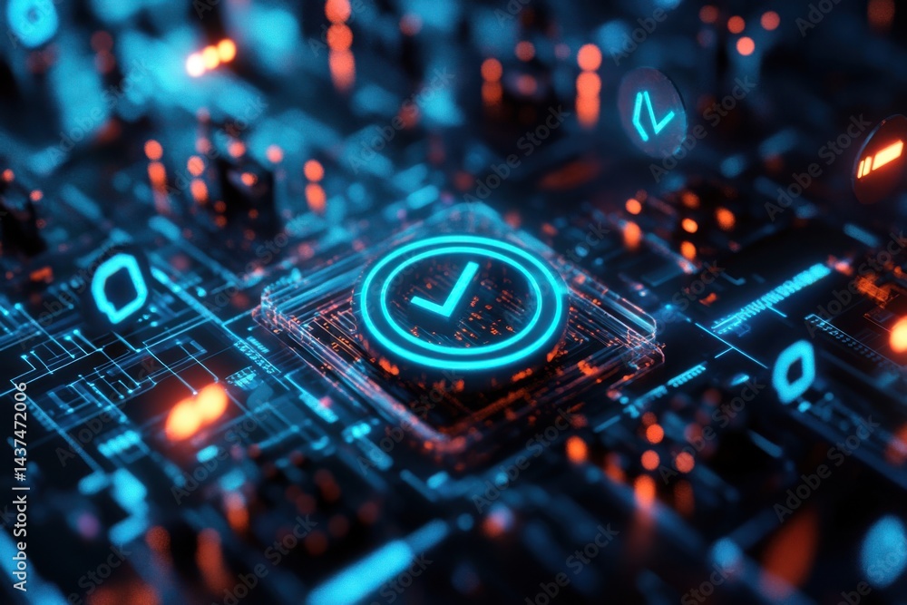 Glowing blue check mark on a futuristic circuit board with orange and blue lights all around it