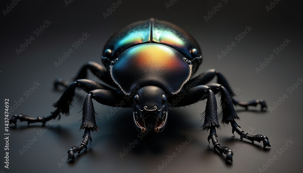 Fototapeta premium Glossy black beetle with iridescent shell against dark background