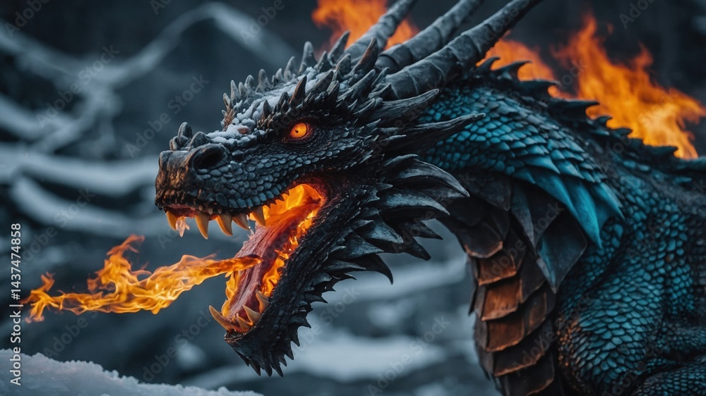 Dramatic close-up of a dragon with scales and horns breathing fire, set against a snowy, overcast winter background. Dramatic close-up of a dragon with scales and horns breathing fire, set against a snowy, overcast winter background.
