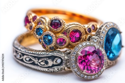 Close up view of three ornate rings with colorful gemstones on a white surface in soft lighting