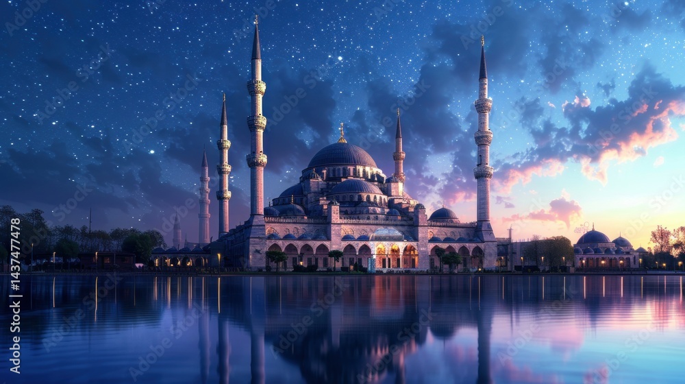 Obraz premium A magnificent mosque under a breathtaking starry sky, illuminating reflections on the serene water surface.