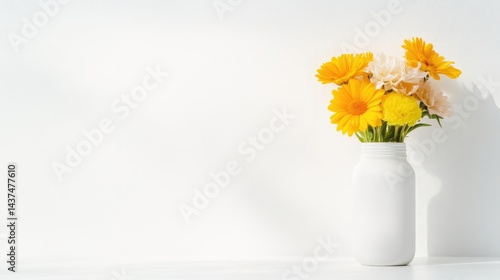 Simple bouquet of cheerful yellow and peach flowers in a white vase against a white background