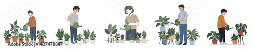 Collection of People Watering Indoor Plants Vector

