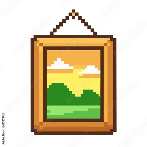 Pixel art picture frame with a landscape view featuring hills and sunset colors