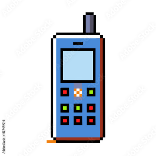 Stylish pixel art of retro mobile phone with colorful buttons and screen
