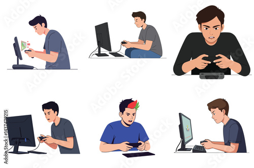 Illustrations of People Playing Video Games on Computers and Consoles

