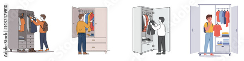 Collection of People Choosing Clothes from Wardrobes Vector

