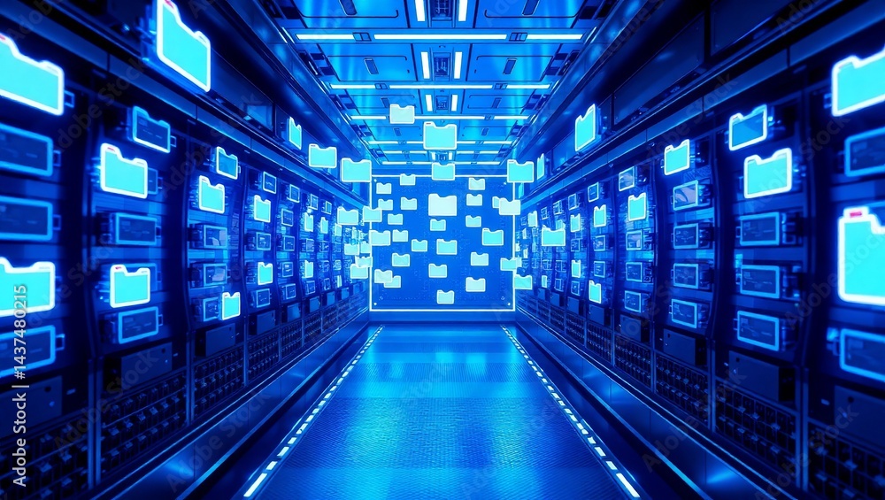 Obraz premium Futuristic data center with illuminated blue digital file icons, creating a high-tech atmosphere.