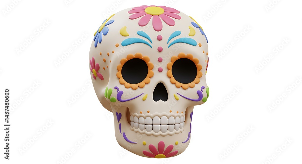 Obraz premium Decorated Sugar Skull with Colorful Floral Design on White