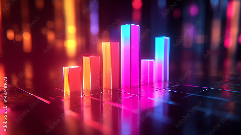 Neon gradient bar chart reflecting on dark surface with bokeh background depicting business growth and positive trends Neon gradient bar chart reflecting on dark surface with bokeh background depicting business growth and positive trends