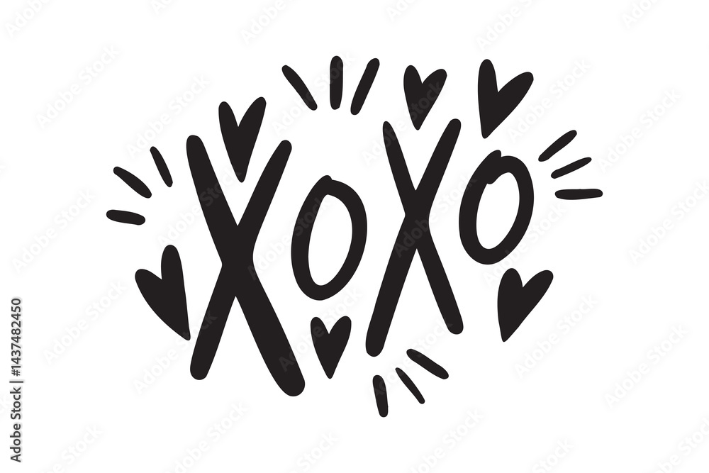 Obraz premium Xoxo sign kiss and hearts handwritten doodle lettering phrase or quote. message saying text. Hand drawn print clipart.