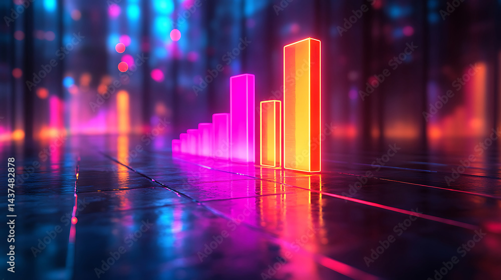 Growing bar graph in neon lights visualizing business success and financial growth with reflections in cyberpunk style Growing bar graph in neon lights visualizing business success and financial growth with reflections in cyberpunk style