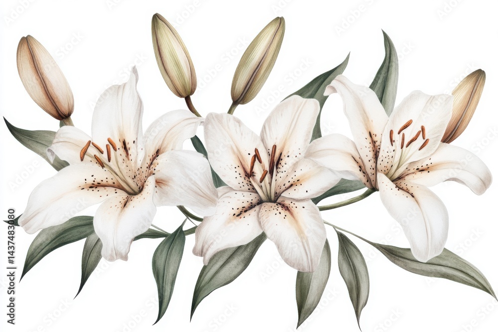 Watercolor illustration of three white lilies with buds and green leaves on a white background Watercolor illustration of three white lilies with buds and green leaves on a white background