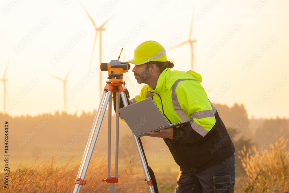 custom made wallpaper toronto digitalEngineer working on laptop in front of wind turbines for checking wind turbines of the field during beautiful sunset. Alternative energy concept.