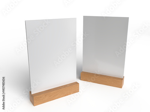 3D Realistic table stand, table tent mockup with wooden base and white paper acrylic. Blank card holder display information for menu label, restaurant, cafe, banner, picture stand, sign holder, ads